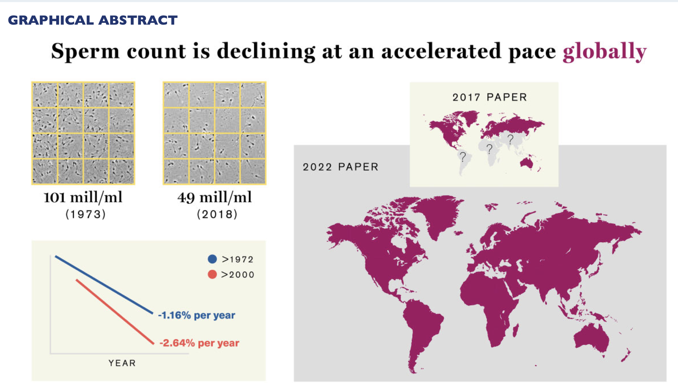 Graphical Abstract showing declining sperm country globally Temporal trends in sperm count: a systematic review and meta-regression analysis of samples collected globally in the 20th and 21st centuries, Human Reproduction Update, pp. 1–20, 2022