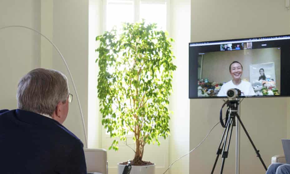 IMAGE SOURCE: Greg Martin/OIS/IOC/AFP/Getty Images IOC President Thomas Bach in a video call with Peng Shuai.