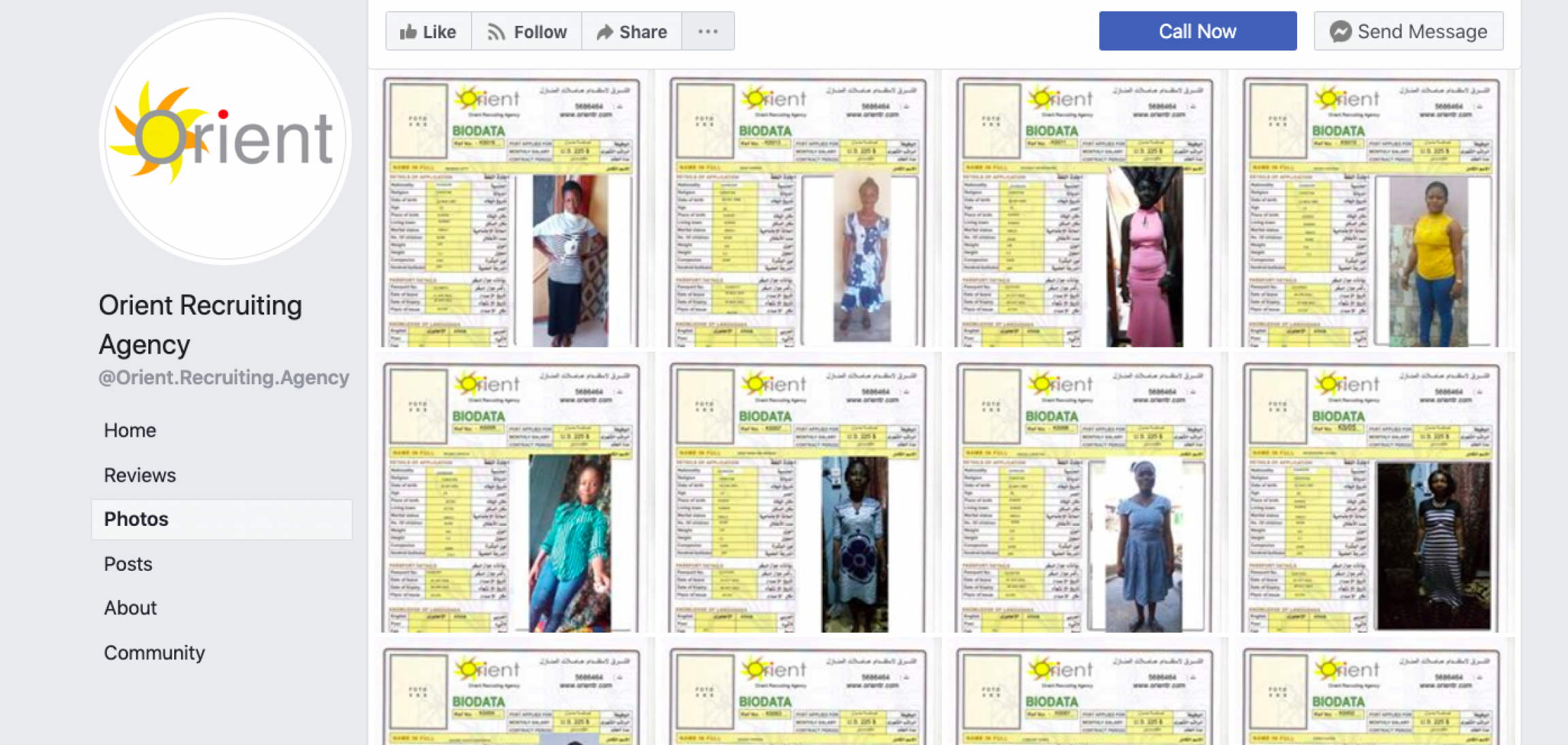 This recruitment agency's Facebook page displays domestic workers' personal information and describe their complexion, religion, weight, and height.